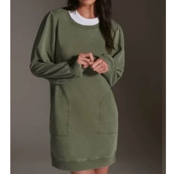 DAILY Practice Sweatshirt Crewneck Long Sleeve Pockets Mini Dress Washed Olive M - Picture 1 of 8